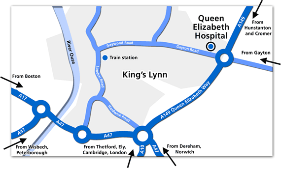 Map of Kings Lynn showing the location of the hospital